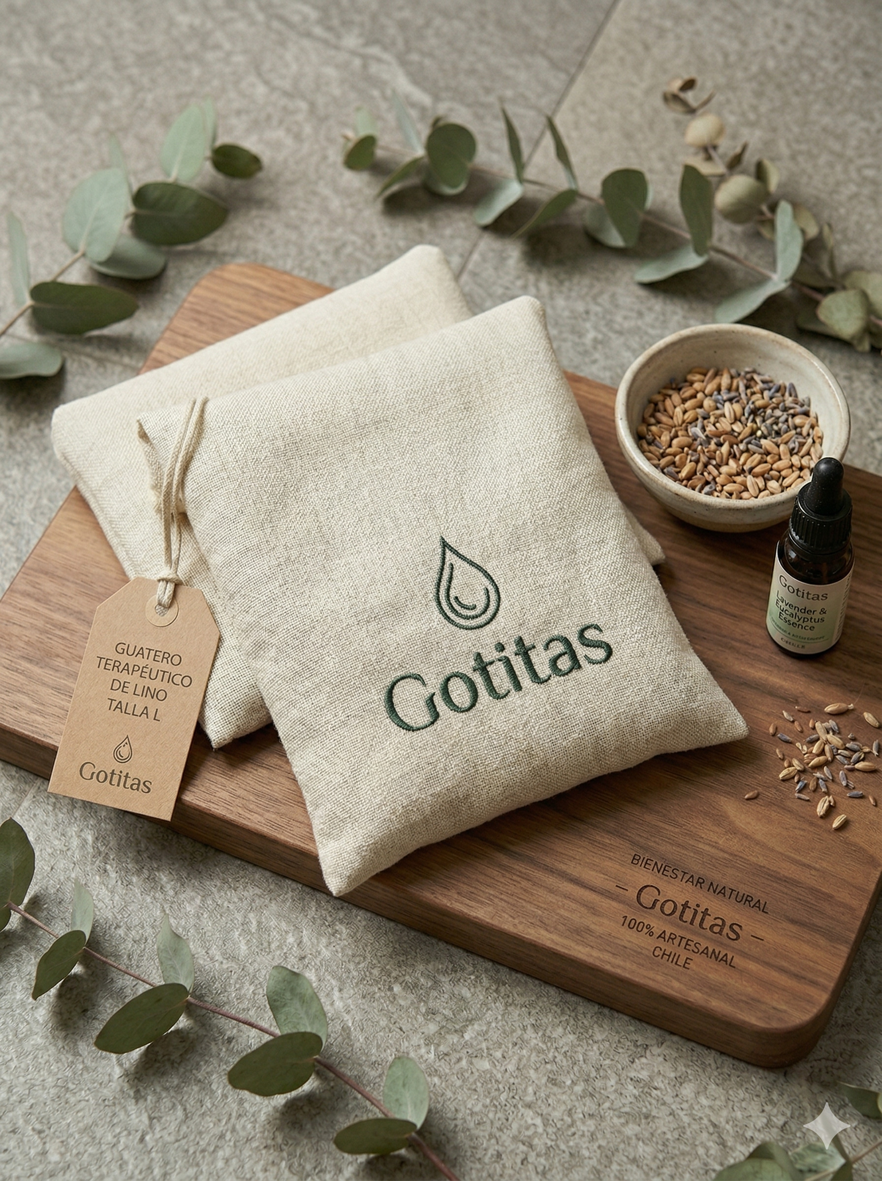Guatero artesanal de semillas sobre tela de lino natural con lavanda